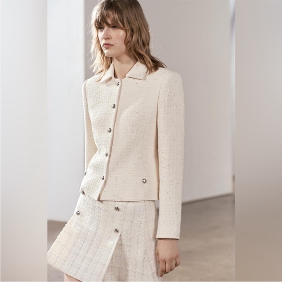 Zara NWOT Cream Textured Cotton Fitted Jacket Silver Sequin Appliqués - Picture 3 of 12
